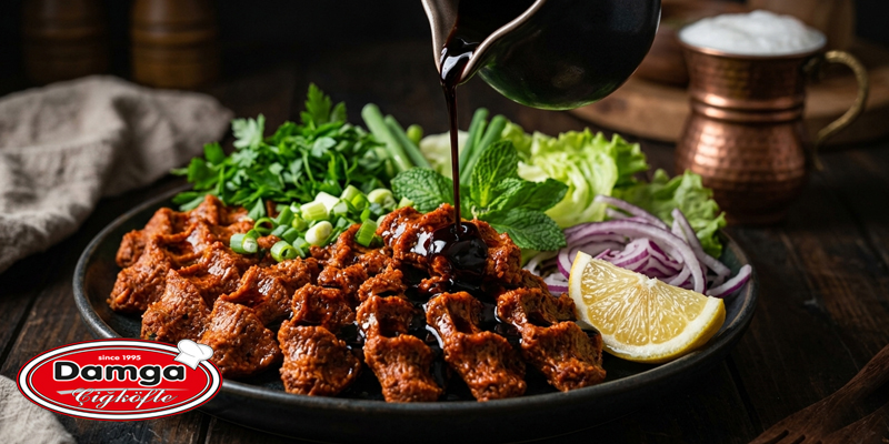 Damga Çiğköfte dürüm ve özel acı sos ile servis edilen etsiz çiğköfte